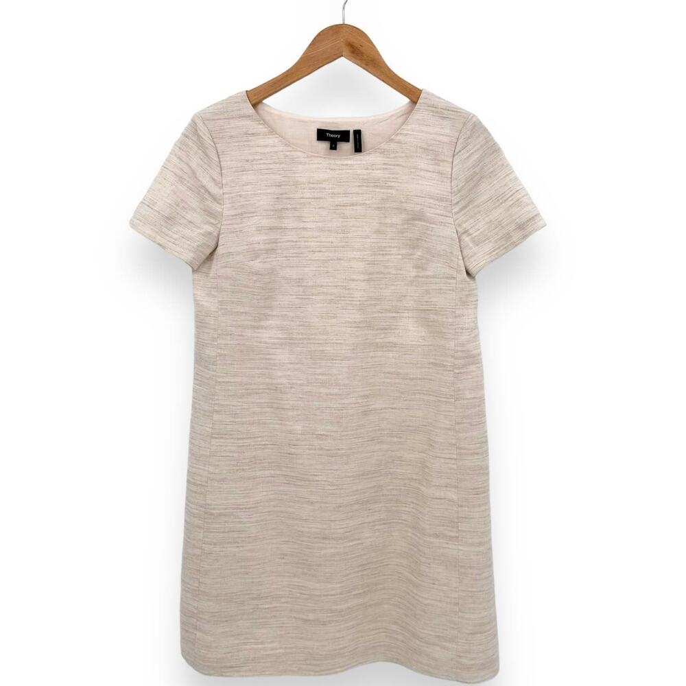 Theory Panel Sharkskin Crunch Shift Dress Women's Small Cream Linen Blend
